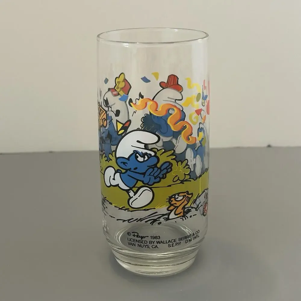 Smurf Clumsy and Harmony Collector Glass/Tumbler 1983 Peyo Vintage 6” Lot of 2
